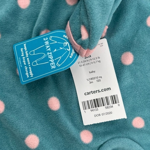 NWT Carter's Baby Teal Pink Polka Dot Fox Snug Fit Footed Pajamas Size 3M - Picture 4 of 5